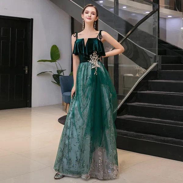Chic / Beautiful Dark Green Suede Evening Dresses  2020 A-Line / Princess Spaghetti Straps Sleeveless Sequins Glitter Tulle Floor-Length / Long Ruffle Backless Formal Dresses