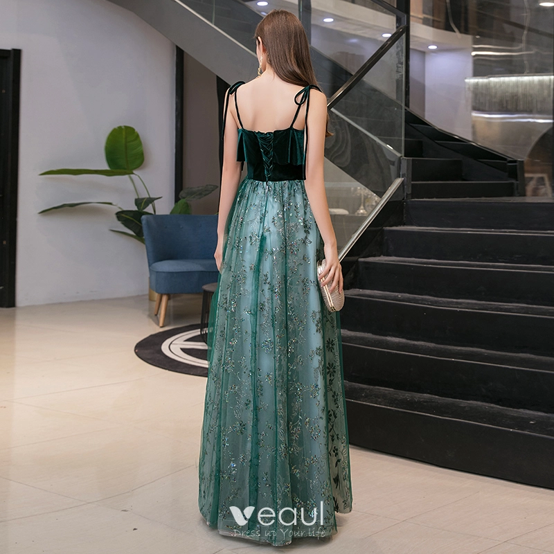 Chic / Beautiful Dark Green Suede Evening Dresses 2020 A-Line / Princess  Spaghetti Straps Sleeveless Sequins Glitter Tulle Floor-Length / Long  Ruffle Backless Formal Dresses