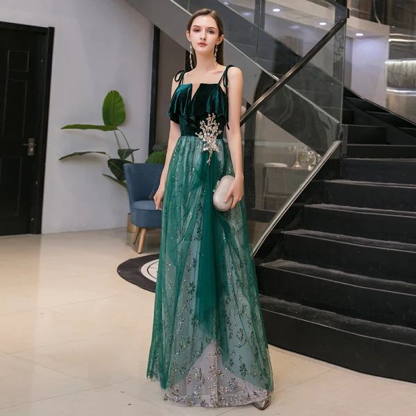 Chic / Belle Vert Foncé Daim Robe De Soirée 2020 Princesse Bretelles Spaghetti Sans Manches Paillettes Glitter Tulle Longue Volants Dos Nu Robe De Ceremonie