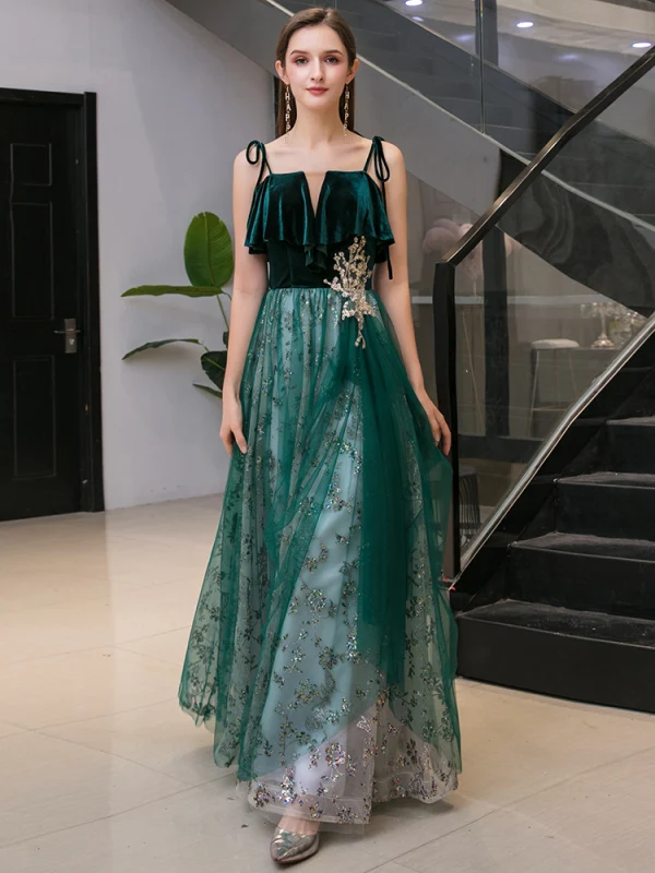 Chic / Belle Vert Foncé Daim Robe De Soirée 2020 Princesse Bretelles Spaghetti Sans Manches Paillettes Glitter Tulle Longue Volants Dos Nu Robe De Ceremonie
