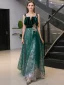 Chic / Belle Vert Foncé Daim Robe De Soirée 2020 Princesse Bretelles Spaghetti Sans Manches Paillettes Glitter Tulle Longue Volants Dos Nu Robe De Ceremonie