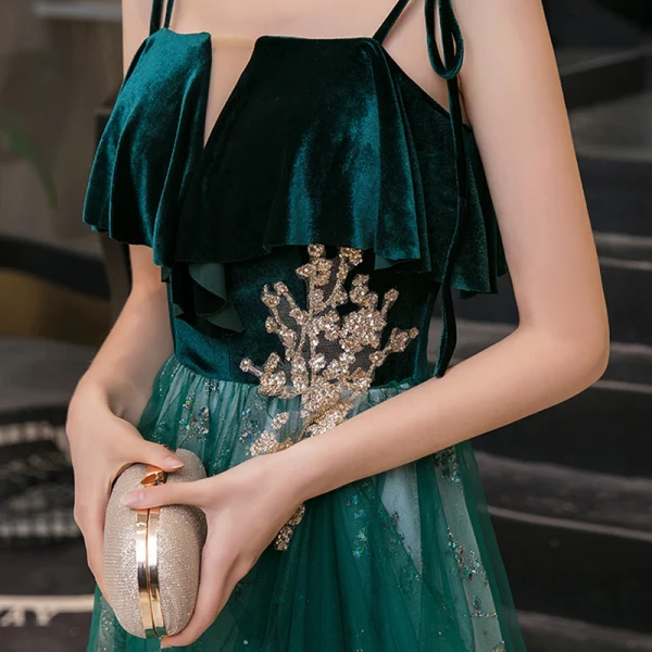 Chic / Belle Vert Foncé Daim Robe De Soirée 2020 Princesse Bretelles Spaghetti Sans Manches Paillettes Glitter Tulle Longue Volants Dos Nu Robe De Ceremonie