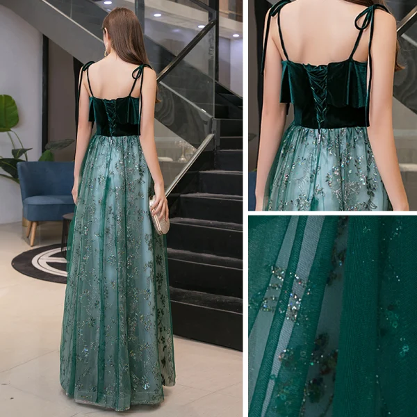Chic / Belle Vert Foncé Daim Robe De Soirée 2020 Princesse Bretelles Spaghetti Sans Manches Paillettes Glitter Tulle Longue Volants Dos Nu Robe De Ceremonie