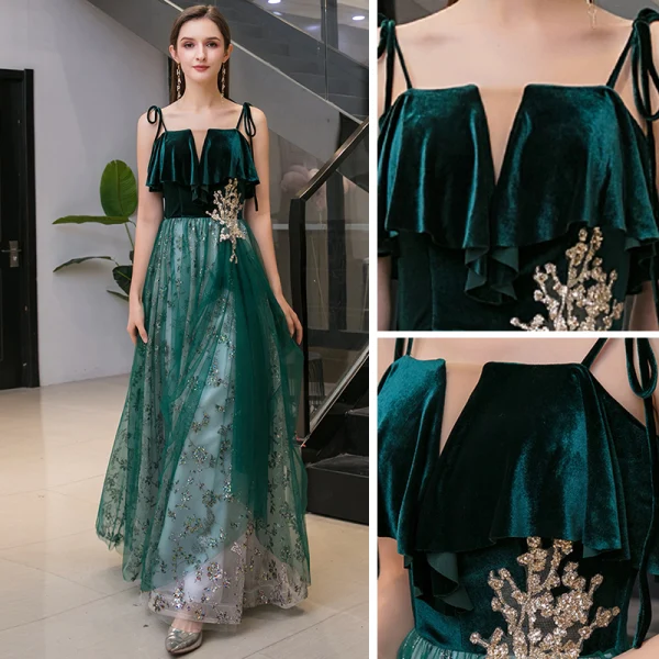 Chic / Belle Vert Foncé Daim Robe De Soirée 2020 Princesse Bretelles Spaghetti Sans Manches Paillettes Glitter Tulle Longue Volants Dos Nu Robe De Ceremonie