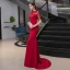 Élégant Bordeaux Transparentes Robe De Soirée 2020 Trompette / Sirène Encolure Dégagée Manches Courtes Appliques En Dentelle Paillettes Perlage Gland Faux Diamant Train De Balayage