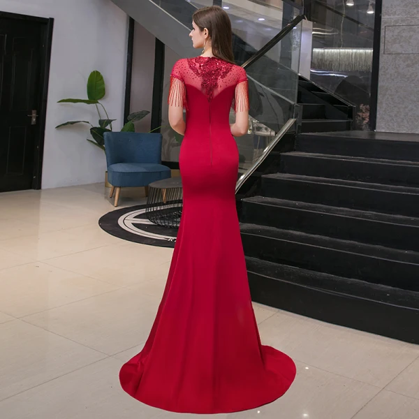Élégant Bordeaux Transparentes Robe De Soirée 2020 Trompette / Sirène Encolure Dégagée Manches Courtes Appliques En Dentelle Paillettes Perlage Gland Faux Diamant Train De Balayage