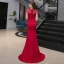 Élégant Bordeaux Transparentes Robe De Soirée 2020 Trompette / Sirène Encolure Dégagée Manches Courtes Appliques En Dentelle Paillettes Perlage Gland Faux Diamant Train De Balayage