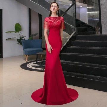 Élégant Bordeaux Transparentes Robe De Soirée 2020 Trompette Sirène Encolure Dégagée Manches Courtes Appliques En Dentelle Paillettes Perlage Gland Faux Diamant Train De Balayage