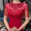 Élégant Bordeaux Transparentes Robe De Soirée 2020 Trompette / Sirène Encolure Dégagée Manches Courtes Appliques En Dentelle Paillettes Perlage Gland Faux Diamant Train De Balayage