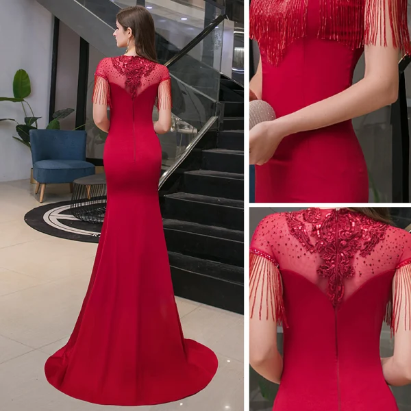 Élégant Bordeaux Transparentes Robe De Soirée 2020 Trompette / Sirène Encolure Dégagée Manches Courtes Appliques En Dentelle Paillettes Perlage Gland Faux Diamant Train De Balayage