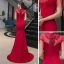 Élégant Bordeaux Transparentes Robe De Soirée 2020 Trompette / Sirène Encolure Dégagée Manches Courtes Appliques En Dentelle Paillettes Perlage Gland Faux Diamant Train De Balayage