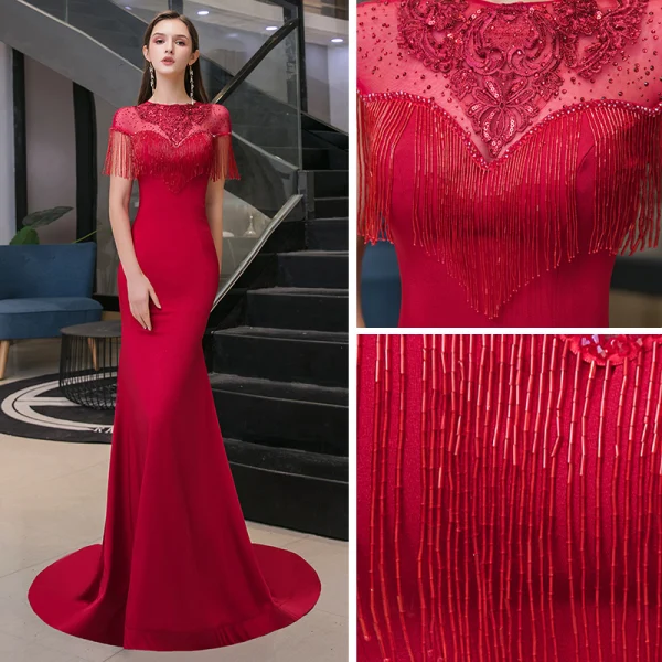 Élégant Bordeaux Transparentes Robe De Soirée 2020 Trompette / Sirène Encolure Dégagée Manches Courtes Appliques En Dentelle Paillettes Perlage Gland Faux Diamant Train De Balayage