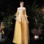 Style Victorien Doré Robe De Soirée 2020 Princesse Transparentes Encolure Carrée Gonflée 3/4 Manches Appliques En Dentelle Paillettes Longue Volants Dos Nu Robe De Ceremonie