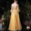 Style Victorien Doré Robe De Soirée 2020 Princesse Transparentes Encolure Carrée Gonflée 3/4 Manches Appliques En Dentelle Paillettes Longue Volants Dos Nu Robe De Ceremonie