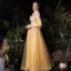 Style Victorien Doré Robe De Soirée 2020 Princesse Transparentes Encolure Carrée Gonflée 3/4 Manches Appliques En Dentelle Paillettes Longue Volants Dos Nu Robe De Ceremonie