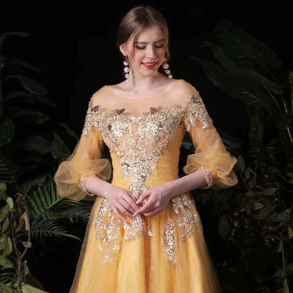 Style Victorien Doré Robe De Soirée 2020 Princesse Transparentes Encolure Carrée Gonflée 3/4 Manches Appliques En Dentelle Paillettes Longue Volants Dos Nu Robe De Ceremonie