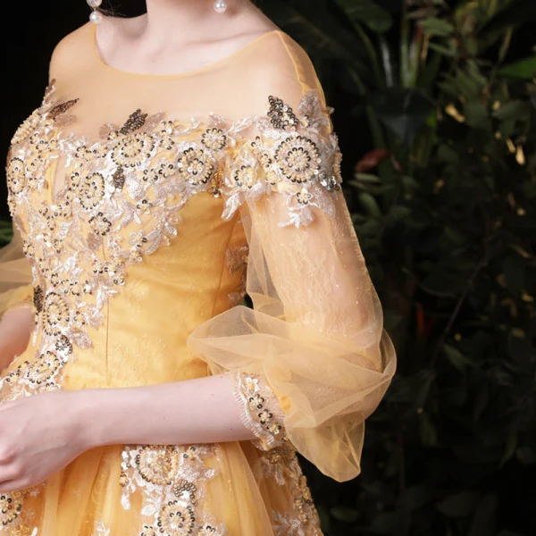 Style Victorien Doré Robe De Soirée 2020 Princesse Transparentes Encolure Carrée Gonflée 3/4 Manches Appliques En Dentelle Paillettes Longue Volants Dos Nu Robe De Ceremonie