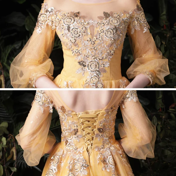 Style Victorien Doré Robe De Soirée 2020 Princesse Transparentes Encolure Carrée Gonflée 3/4 Manches Appliques En Dentelle Paillettes Longue Volants Dos Nu Robe De Ceremonie