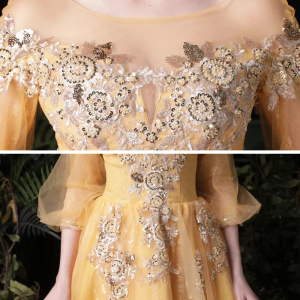 Style Victorien Doré Robe De Soirée 2020 Princesse Transparentes Encolure Carrée Gonflée 3/4 Manches Appliques En Dentelle Paillettes Longue Volants Dos Nu Robe De Ceremonie