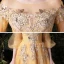 Style Victorien Doré Robe De Soirée 2020 Princesse Transparentes Encolure Carrée Gonflée 3/4 Manches Appliques En Dentelle Paillettes Longue Volants Dos Nu Robe De Ceremonie