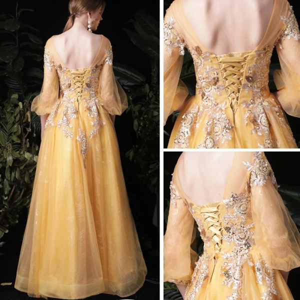 Style Victorien Doré Robe De Soirée 2020 Princesse Transparentes Encolure Carrée Gonflée 3/4 Manches Appliques En Dentelle Paillettes Longue Volants Dos Nu Robe De Ceremonie