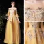 Style Victorien Doré Robe De Soirée 2020 Princesse Transparentes Encolure Carrée Gonflée 3/4 Manches Appliques En Dentelle Paillettes Longue Volants Dos Nu Robe De Ceremonie