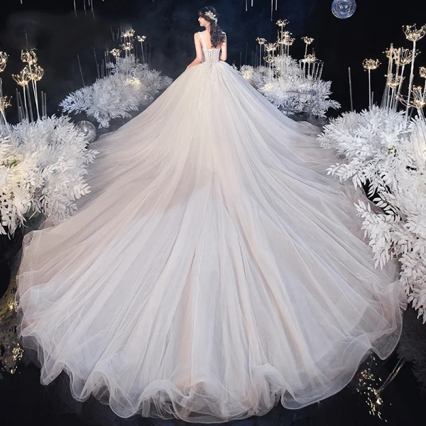Luxury / Gorgeous Champagne Bridal Wedding Dresses 2020 Ball Gown Shoulders Sleeveless Backless Beading Sequins Royal Train Ruffle