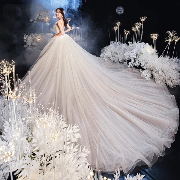 Luxury / Gorgeous Champagne Bridal Wedding Dresses 2020 Ball Gown Shoulders Sleeveless Backless Beading Sequins Royal Train Ruffle