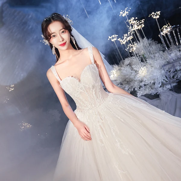 Luxury / Gorgeous Champagne Bridal Wedding Dresses 2020 Ball Gown Shoulders Sleeveless Backless Beading Sequins Royal Train Ruffle