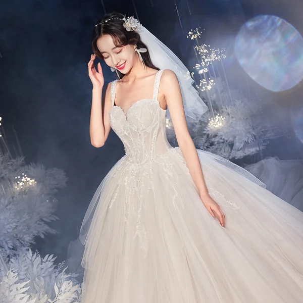 Luxury / Gorgeous Champagne Bridal Wedding Dresses 2020 Ball Gown Shoulders Sleeveless Backless Beading Sequins Royal Train Ruffle