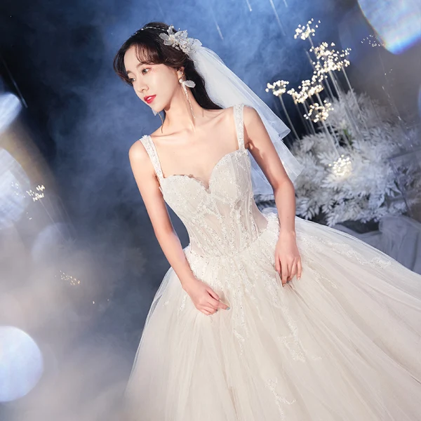 Luxury / Gorgeous Champagne Bridal Wedding Dresses 2020 Ball Gown Shoulders Sleeveless Backless Beading Sequins Royal Train Ruffle