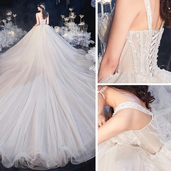 Luxury / Gorgeous Champagne Bridal Wedding Dresses 2020 Ball Gown Shoulders Sleeveless Backless Beading Sequins Royal Train Ruffle