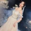 Schöne Champagner Hochzeits Brautkleider / Hochzeitskleider 2020 A Linie Off Shoulder Kurze Ärmel Rückenfreies Applikationen Spitze Pailletten Perlenstickerei Kathedrale Schleppe Rüschen