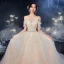 Schöne Champagner Hochzeits Brautkleider / Hochzeitskleider 2020 A Linie Off Shoulder Kurze Ärmel Rückenfreies Applikationen Spitze Pailletten Perlenstickerei Kathedrale Schleppe Rüschen