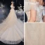 Schöne Champagner Hochzeits Brautkleider / Hochzeitskleider 2020 A Linie Off Shoulder Kurze Ärmel Rückenfreies Applikationen Spitze Pailletten Perlenstickerei Kathedrale Schleppe Rüschen