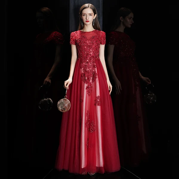 Élégant Bordeaux Transparentes Robe De Soirée 2020 Princesse Encolure Carrée Manches Courtes Appliques En Dentelle Perlage Longue Volants Robe De Ceremonie