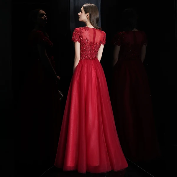 Élégant Bordeaux Transparentes Robe De Soirée 2020 Princesse Encolure Carrée Manches Courtes Appliques En Dentelle Perlage Longue Volants Robe De Ceremonie