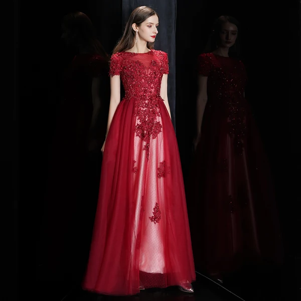 Élégant Bordeaux Transparentes Robe De Soirée 2020 Princesse Encolure Carrée Manches Courtes Appliques En Dentelle Perlage Longue Volants Robe De Ceremonie