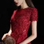 Élégant Bordeaux Transparentes Robe De Soirée 2020 Princesse Encolure Carrée Manches Courtes Appliques En Dentelle Perlage Longue Volants Robe De Ceremonie