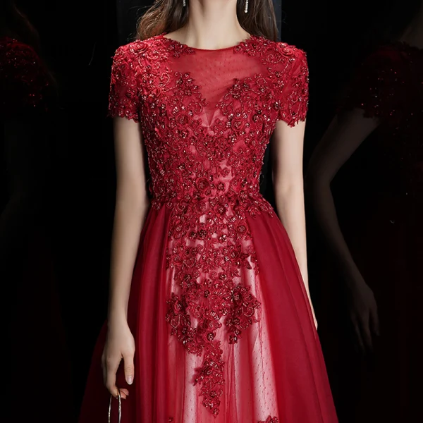 Élégant Bordeaux Transparentes Robe De Soirée 2020 Princesse Encolure Carrée Manches Courtes Appliques En Dentelle Perlage Longue Volants Robe De Ceremonie
