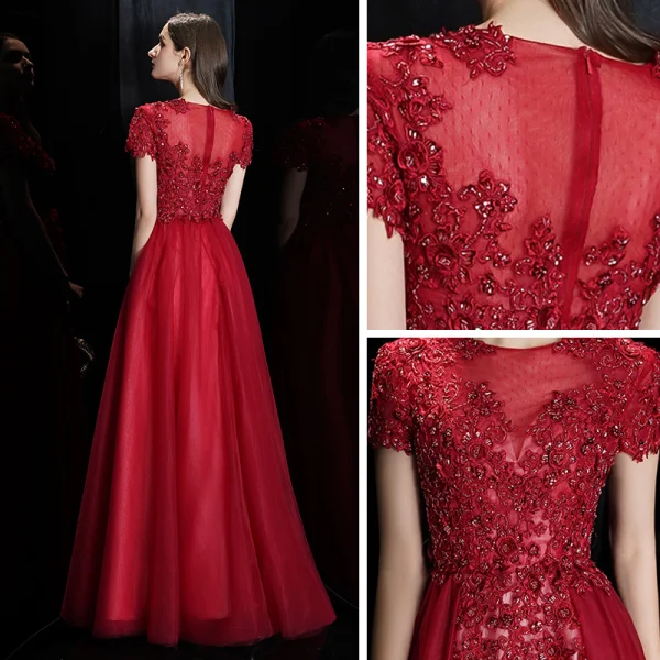 Élégant Bordeaux Transparentes Robe De Soirée 2020 Princesse Encolure Carrée Manches Courtes Appliques En Dentelle Perlage Longue Volants Robe De Ceremonie