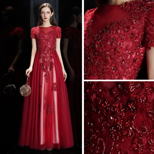 Élégant Bordeaux Transparentes Robe De Soirée 2020 Princesse Encolure Carrée Manches Courtes Appliques En Dentelle Perlage Longue Volants Robe De Ceremonie