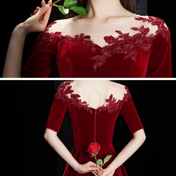 Modest / Simple Burgundy Velour Winter Homecoming Graduation Dresses 2020 A-Line / Princess See-through Scoop Neck 1/2 Sleeves Appliques Lace Beading Ankle Length Backless Formal Dresses