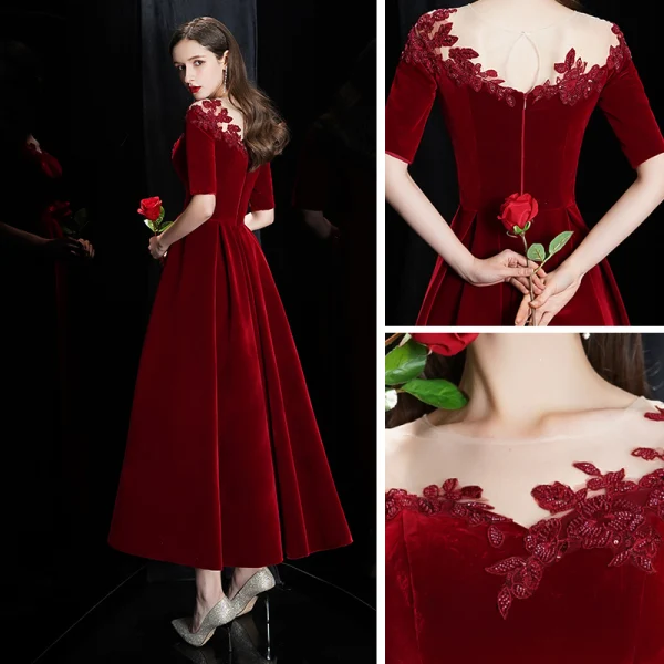 Modest / Simple Burgundy Velour Winter Homecoming Graduation Dresses 2020 A-Line / Princess See-through Scoop Neck 1/2 Sleeves Appliques Lace Beading Ankle Length Backless Formal Dresses