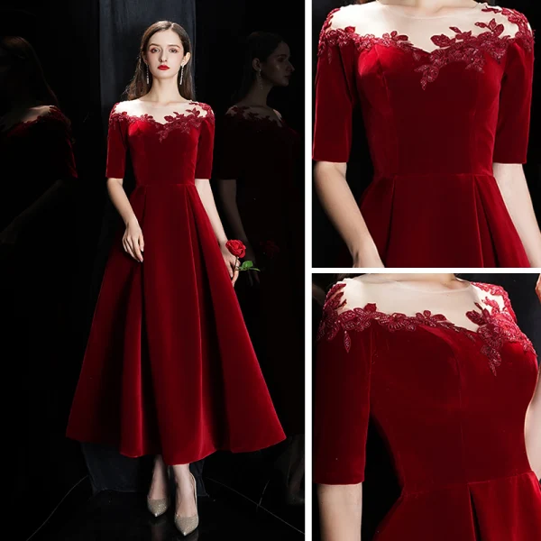 Modest / Simple Burgundy Velour Winter Homecoming Graduation Dresses 2020 A-Line / Princess See-through Scoop Neck 1/2 Sleeves Appliques Lace Beading Ankle Length Backless Formal Dresses