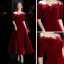 Modest / Simple Burgundy Velour Winter Homecoming Graduation Dresses 2020 A-Line / Princess See-through Scoop Neck 1/2 Sleeves Appliques Lace Beading Ankle Length Backless Formal Dresses