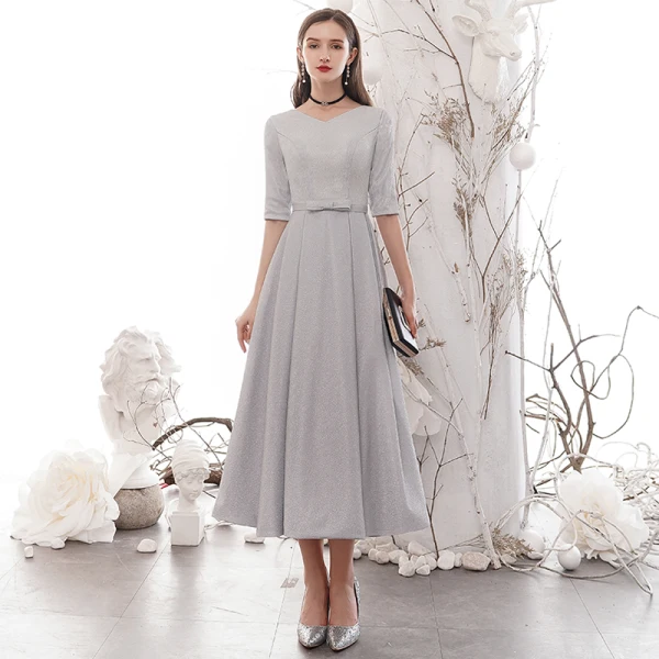 Affordable Silver Homecoming Graduation Dresses 2020 A-Line / Princess V-Neck 1/2 Sleeves Bow Sash Glitter Polyester Tea-length Formal Dresses Affordable Silver Homecoming Graduation Dresses 2020 A-Line / Princess V-Neck 1/2 Sleeves Bow Sash Glitter Polyester Tea-length Formal Dresses