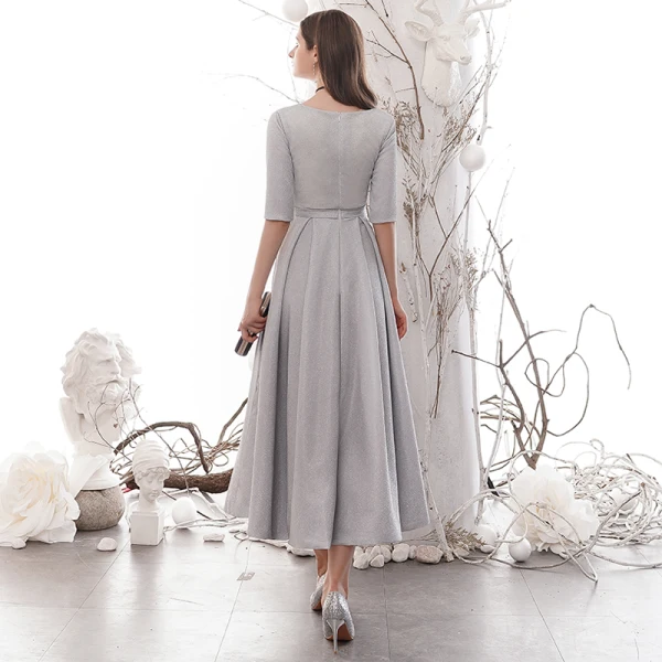Affordable Silver Homecoming Graduation Dresses 2020 A-Line / Princess V-Neck 1/2 Sleeves Bow Sash Glitter Polyester Tea-length Formal Dresses