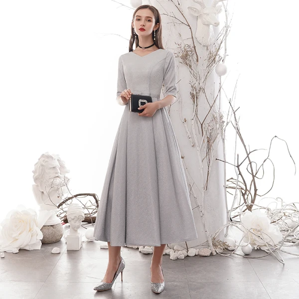 Affordable Silver Homecoming Graduation Dresses 2020 A-Line / Princess V-Neck 1/2 Sleeves Bow Sash Glitter Polyester Tea-length Formal Dresses