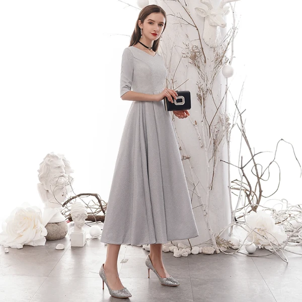 Affordable Silver Homecoming Graduation Dresses 2020 A-Line / Princess V-Neck 1/2 Sleeves Bow Sash Glitter Polyester Tea-length Formal Dresses